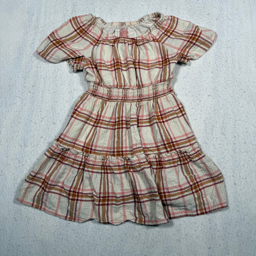 Cat & Jack Girls Pink Orange Plaid Smocked Waist Tiered Dress Size S 6/7